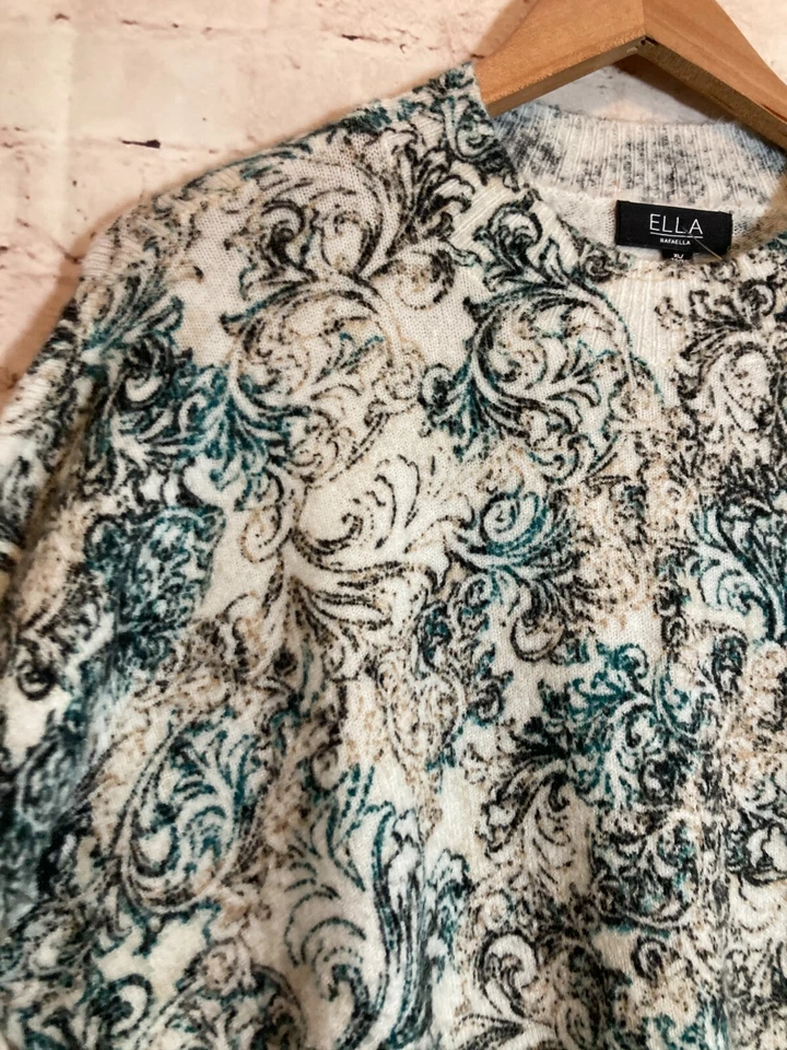 Suéter ELLA Rafaella para mujer XL verde azulado oscuro estampado jacquard suave suéter cuello redondo Foto 2 de 4