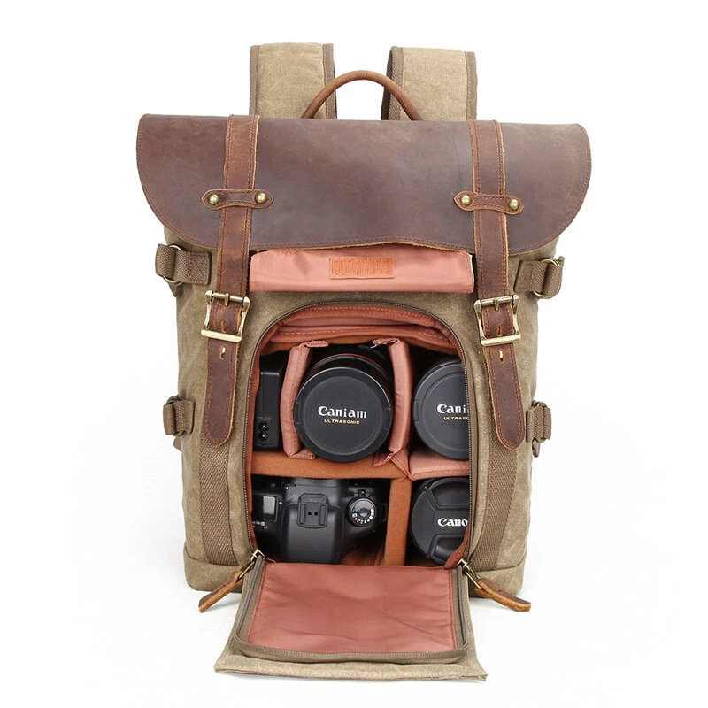Waterproof Waxed Canvas DSLR Camera Backpack Bag Rucksack For Canon Nikon Sony - Image 2 of 4