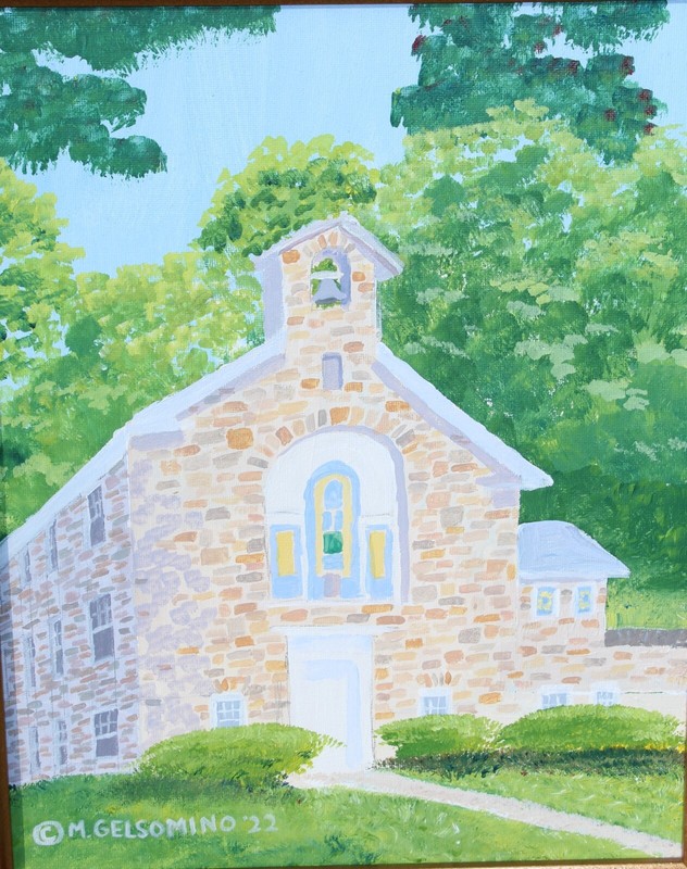 Colonial Church, acrylics by Marie Gelsomino, 14"x11", framed