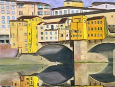 Landscape Painting Canvas Cityscape Architecture Bridge Yellow Contemporary Art