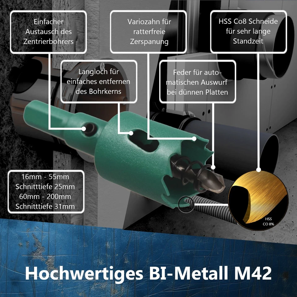 Lochsägen HSS Bi-Metall 15 - 200mm Bohrkrone Dosenbohrer für Metall Trockenbau - Bild 3 von 4