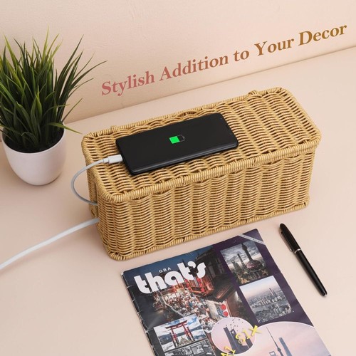 Handwoven Cord Organizer Hider Box with Lid Imitation Rattan Box Desk - Photo 3/7