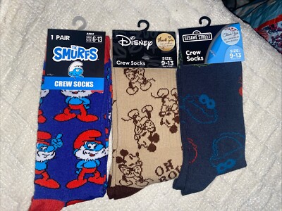 3 PAIRS Smurfs, Mickey & Sesame Street Official Crew Socks Size 6-13