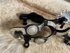 Adult Size Black Steel Spurs with Engraved Silver and Jingle Bobs On Rowels PAIR