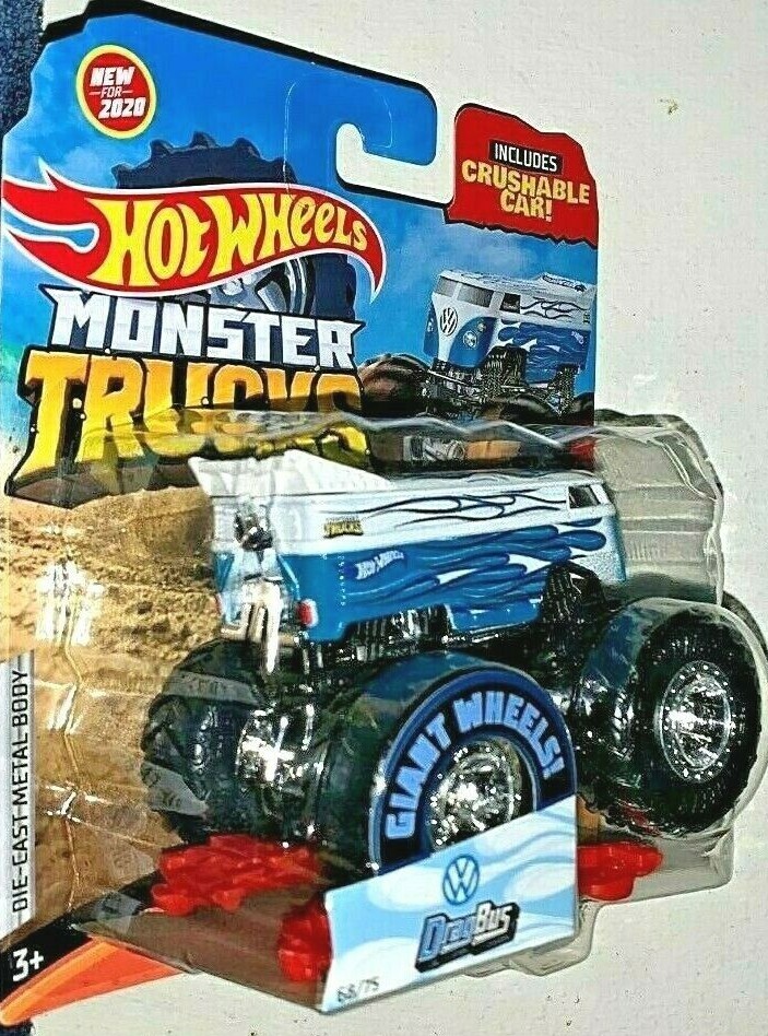 HOT WHEELS 2020 MONSTER TRUCKS HW FLAMES BLUE VW DRAG BUS W/GIANT