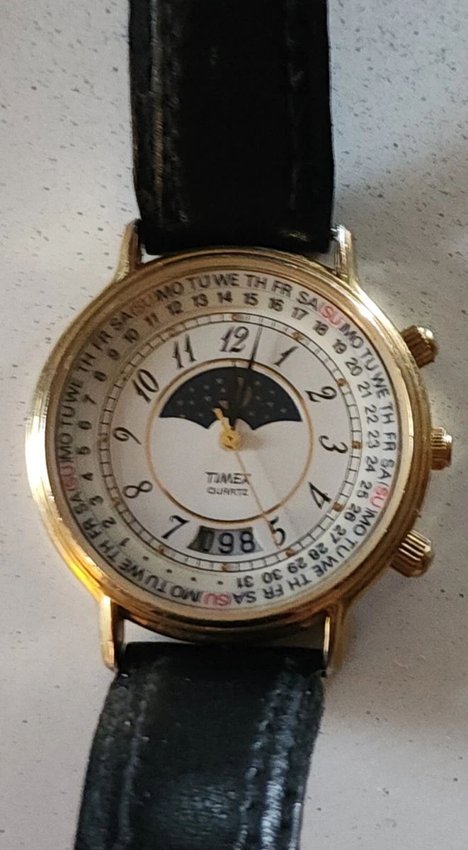 Vintage Timex Moon Phase Watch Perpetual Calendar Men 37mm Gold