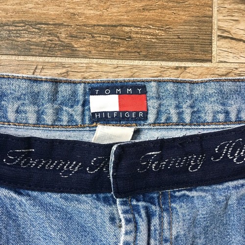 Sz 14 Vtg 90's TOMMY HILFIGER Spellout Flag Blue Jean Womens OG Hip Hop Shorts - Picture 4 of 11