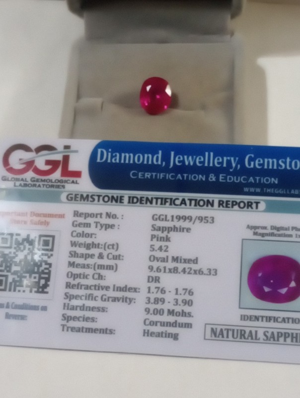 NATURAL EARTH MINED GGL CERTIFIED GEM TESTED HEATED 0VAL PINK SAPPHIRE 5.42 CTS.