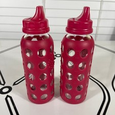 Lifefactory 8-9oz Pink Glass Baby Bottle Sippy Cup Silicone Sleeve Set of 2