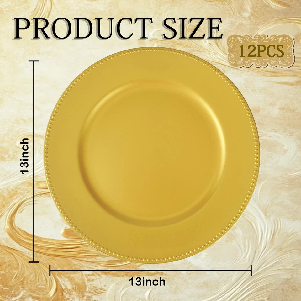 12pcs Gold Charger Plates,13inch Plastic Round Beaded Plates Decorative Dinne... - Image 3 of 4