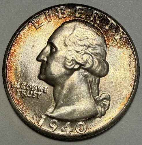 1940-S Washington Quarter, Gem BU, Rainbow Album Toned! Silver