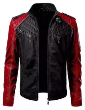 Genuine Lambskin Leather Biker Jacket Men   Black Red Motorcycle Style Coat