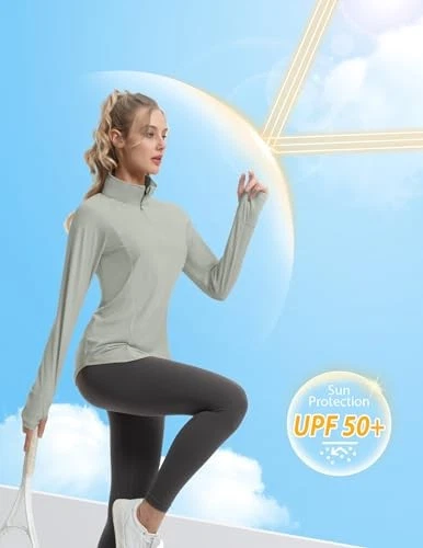 FKEEP WOMEN'S SUN SHIRTS LONG SLEEVE UPF 50+ TOP WITH HOLES GRAYISH GREEN S