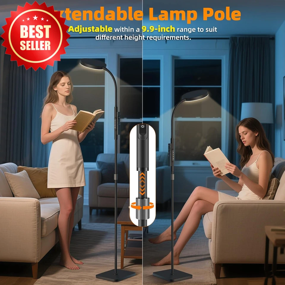Lámpara de Pie Negra Altura Ajustable LED Regulable Soporte de Lectura con Control Remoto Táctil Foto 2 de 4