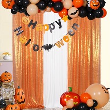 Sequin Backdrop Curtain 2FTx8FT Orange 2pcs Background for Halloween Thanksgi...