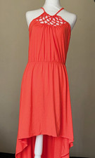 Orange Solid Halter Hi-Low Maxi Dress Crochet Neckline Elastic Waist Size M