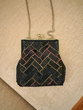 Regale Ltd Black Beaded Evening Shoulder Bag Gold-tone Frame Kiss Lock Chain Regale Ltd Black Beaded Evening Shoulder Bag Gold-tone Frame Kiss Lock Chain