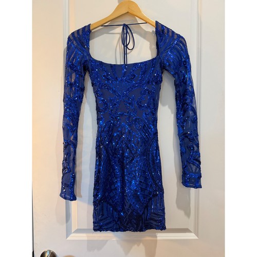 Lucy in the Sky Royal Blue Sequin Mesh Mini Dress Long Sleeve Square Neck Small