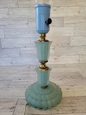 Vtg Satin Blue Glass Boudoir Table Lamp 9.5" Frosted Art Deco Electric 3 Tier 