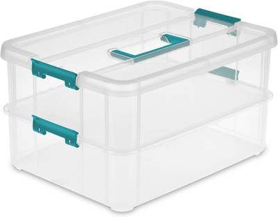 1427CLR Stack & Carry - 2 Layer Box, Clear Lid & Blue Handle, See-through layers