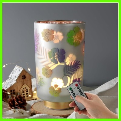7'' Tall Battery Operated Table Lamp, Floral Glass Lamp with Remote Timer, Cor...