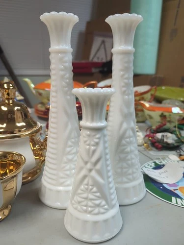 Set Of 3 Anchor Hocking VTG Milk Glass Vase Stars & Bars Tall Glossy Bud Vase