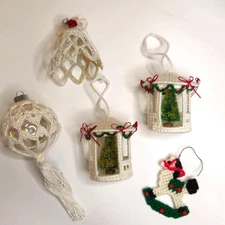 VTG Handmade Crochet Christmas Ornaments Bells Trees Ball Rocking Horse Lot Of 5