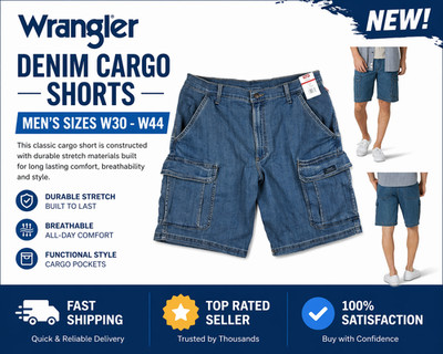 Wrangler Denim Cargo Shorts All Men's Sizes Medium Wash 7 Pockets Relaxed Fit