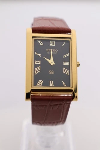 Vintage Seiko Slim Quartz Black Dial Men's Wrist Watch with Light-Brown Strap