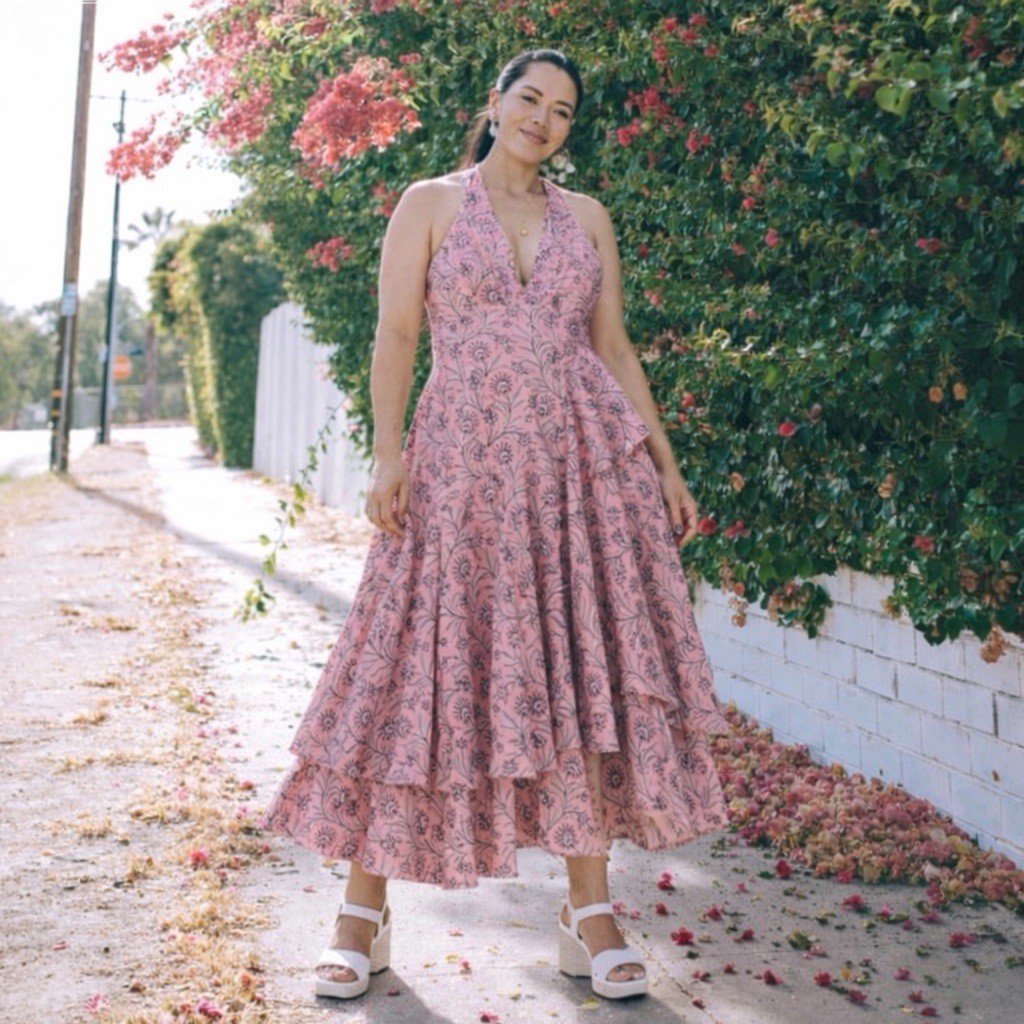 J. Crew Collection Cross Back Tiered Ruffle Skirt Midi Dress Plus Size 18 Pink