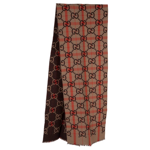 72996 Auth Gucci Braun Beige Orange Wolle 2023 GG Jacquard Muffler Schal