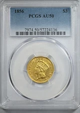 1856 Indian Princess Gold Three Dollar Piece $3 PCGS AU50