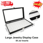 Large Jewelry Display Case with 50 Gem Jars, Glass Lid, Foam Tray, Metal Clasp