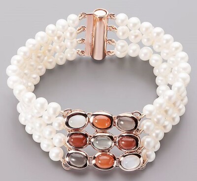 Pearl Bracelet Silver 925 Rose Gold Plated SWZ Beads 7mm Multi Moonstone - Ae5872