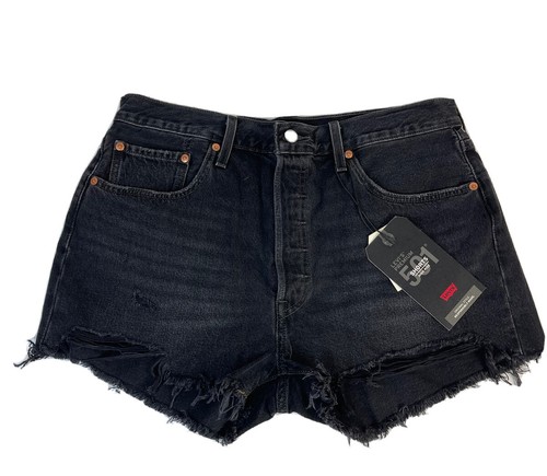 NUEVO Pantalones Cortos Levis 501 Botón Mosca Tiro Alto Cortados Negros Para Mujer 33 - Imagen 2 de 8
