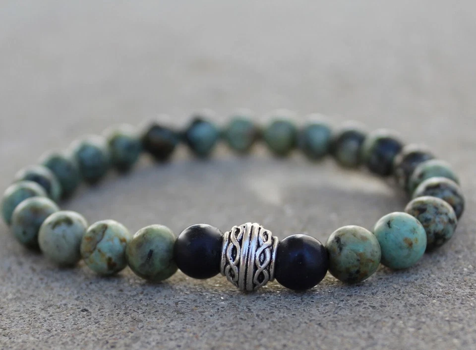 Pulsera elástica con cuentas turquesa africana para hombre 8 mm pulseras apilables Foto 2 de 3