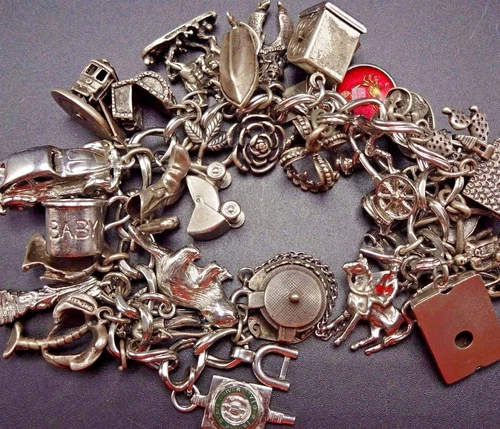 Vintage US TRAVEL Sterling Silver CHARM BRACELET 128g 32Charms many Moving Parts