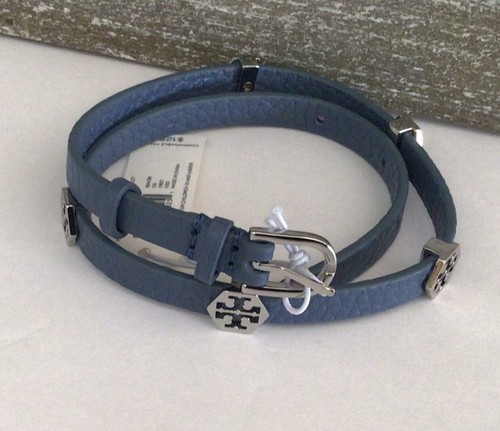 Tory Burch Hex Thin Double Wrap Leather Bracelet Tory Silver /Blue Yonder NWT - Picture 6 of 7