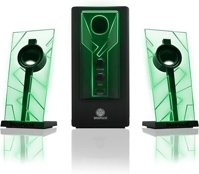 GOgroove BassPULSE 2.1 Computerlautsprecher mit grünen LED-Leuchtlichtern und Stromversorgung 