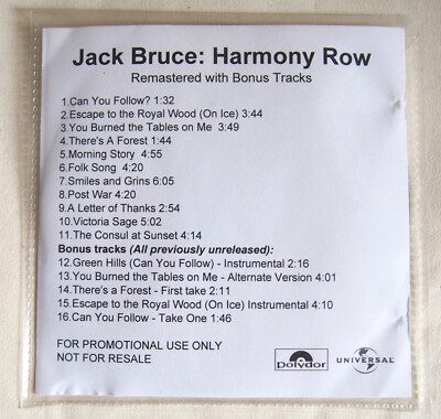 JACK BRUCE / HARMONY ROW / REMASTERED WITH BONUS TRACKS / PROMO CD / POLYDOR