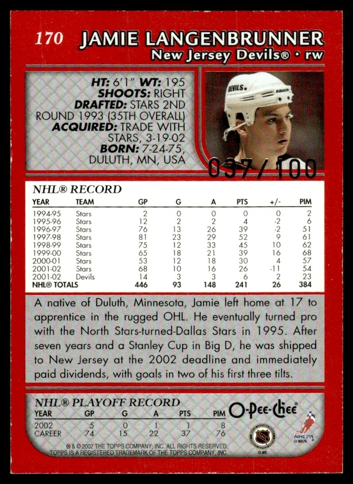 2002-03 O-Pee-Chee Red Jamie Langenbrunner 37/100 New Jersey Devils #170 - Image 2 of 2