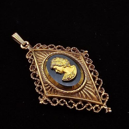 Vintage Black Glass Cameo Pendant Gold Tone Diamond Shape Lady Head Portrait - 第 6/9 張圖片