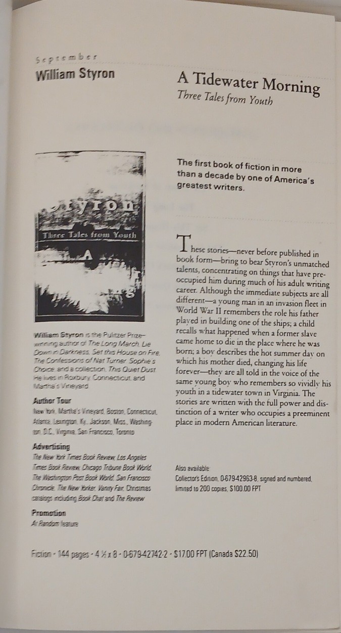William Styron A Tidewater Morning ARC/Proof