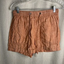 C&C California Shorts Womens S Orange 100% Linen -Pockets Casual Rope Drawstring