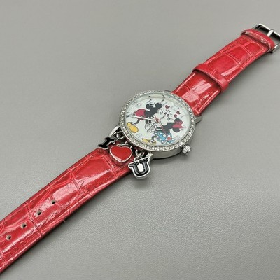 Disney Girls Watch White Dial Red Strap Mickey Minnie Crystal