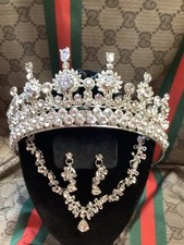 Crystal Beaded Tiara Crown Set With Matching Earrings And Necklace