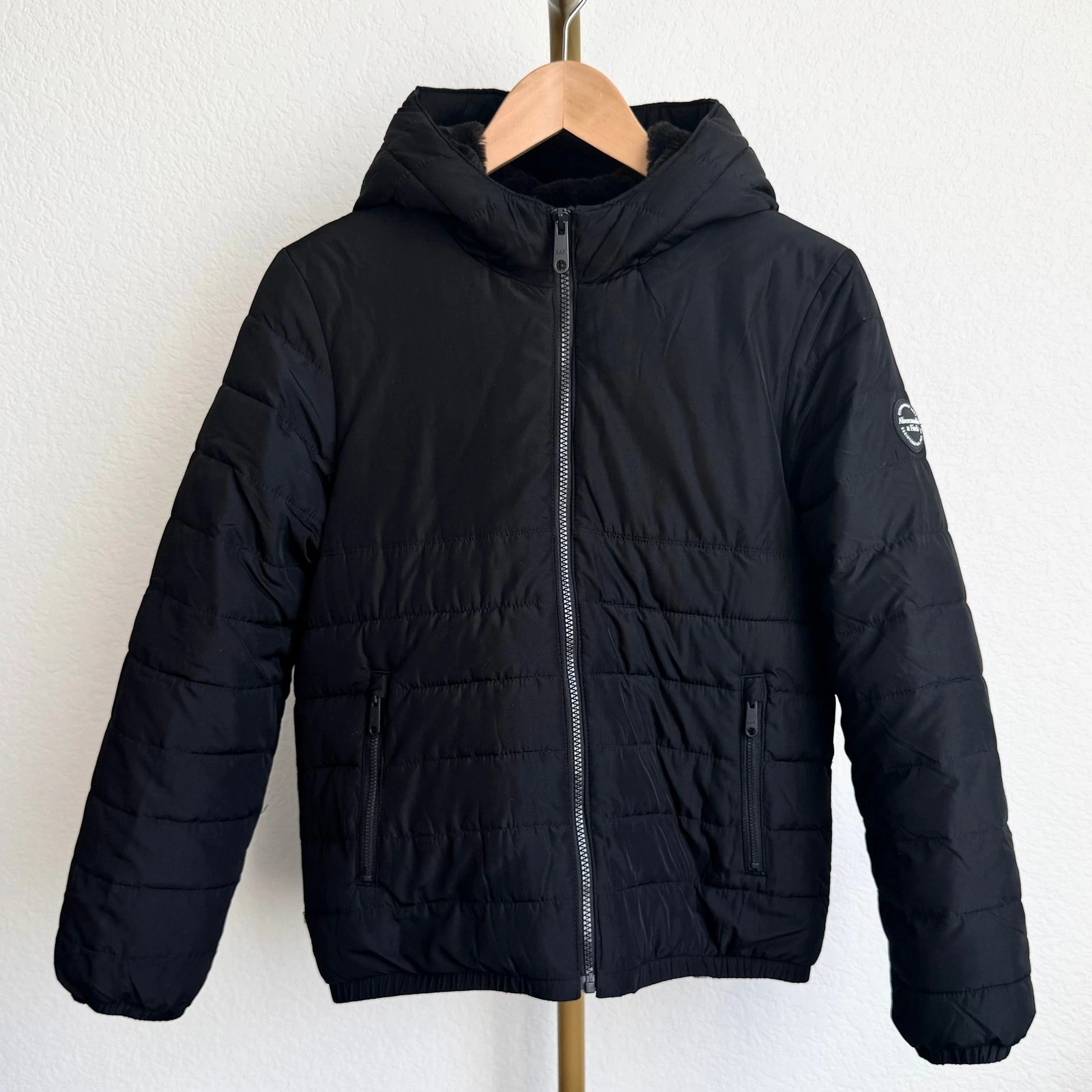 Black Puffer Faux Fur Lined Zip Up Jacket Hood Kids 11 12 Unisex Warm Outdoor