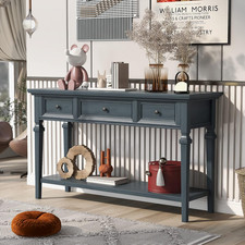 Navy Wood Retro Console Table with 3 Drawers Shelf for Entryway or Living Room