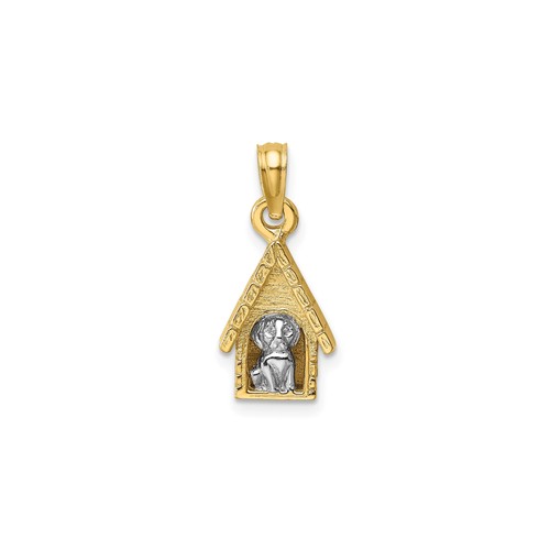 14K Two-Tone Gold 3D Dog in Doghouse Pendant Charm, Textured, 18.4mm