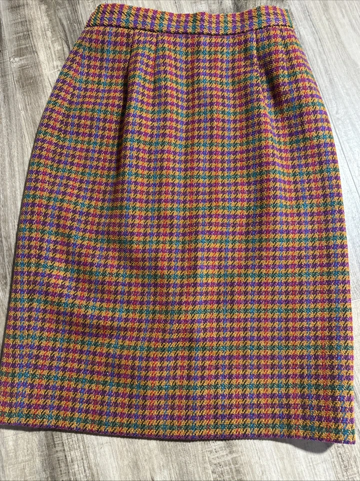 Saia lápis J. McLaughin para Sanyo vintage espinha de peixe tweed lã algodão tamanho 4